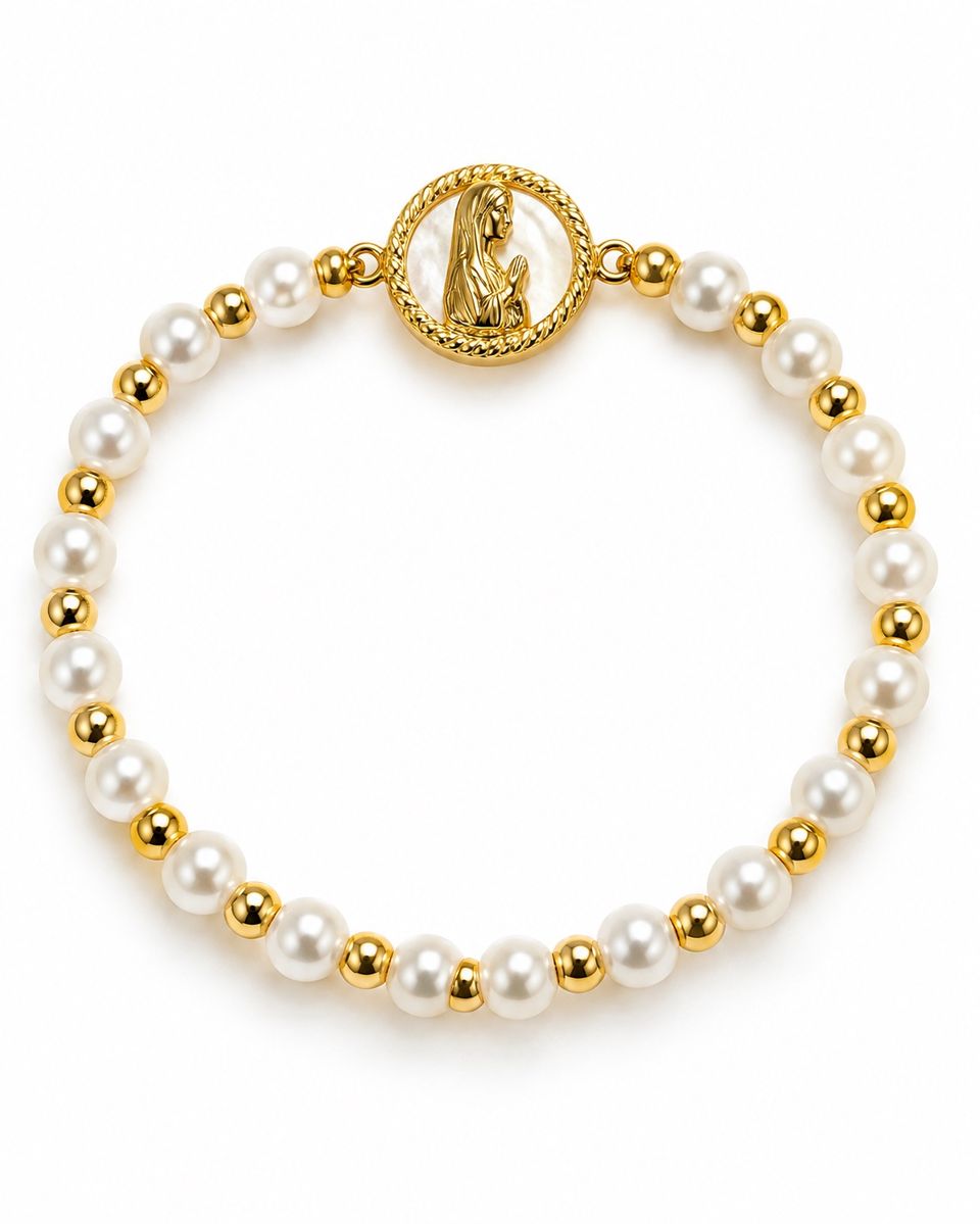 Gold and Pearl Bracelet with Virgin Charm