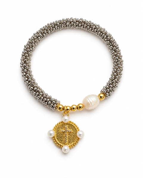 Silver and Gold Pearl Cross Bracelet