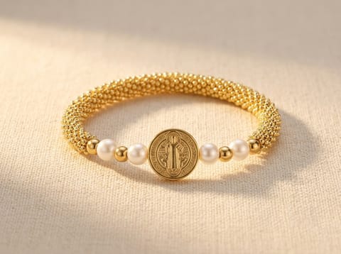 Saint Benedict Gold & Pearl Bracelet